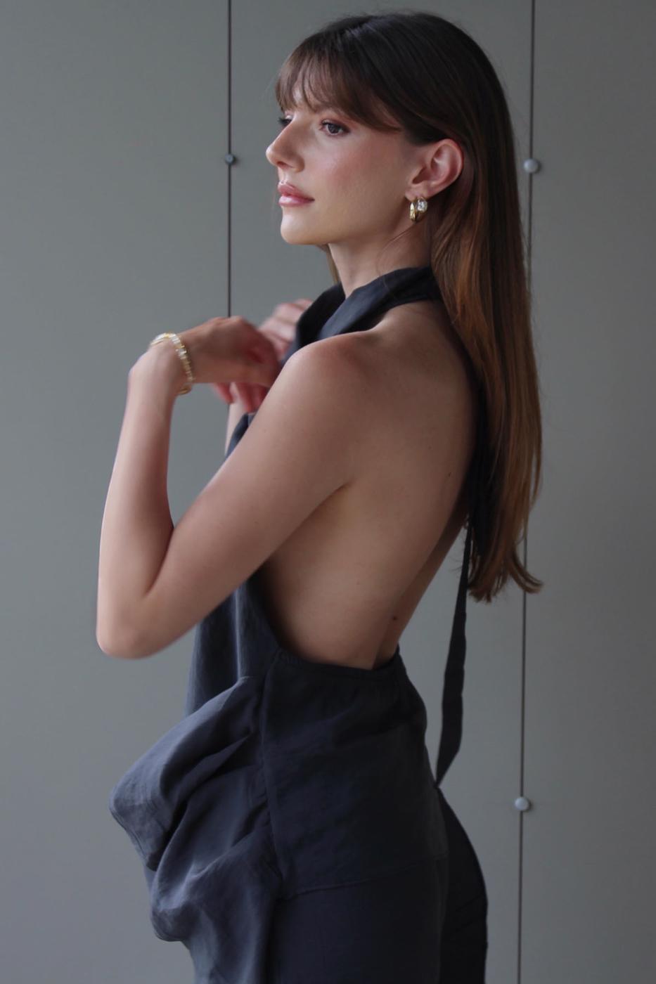 V-neck tie-up Modal Blouse Anthracite