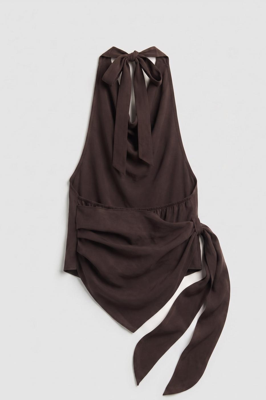 V-neck tie-up Modal Blouse Brown