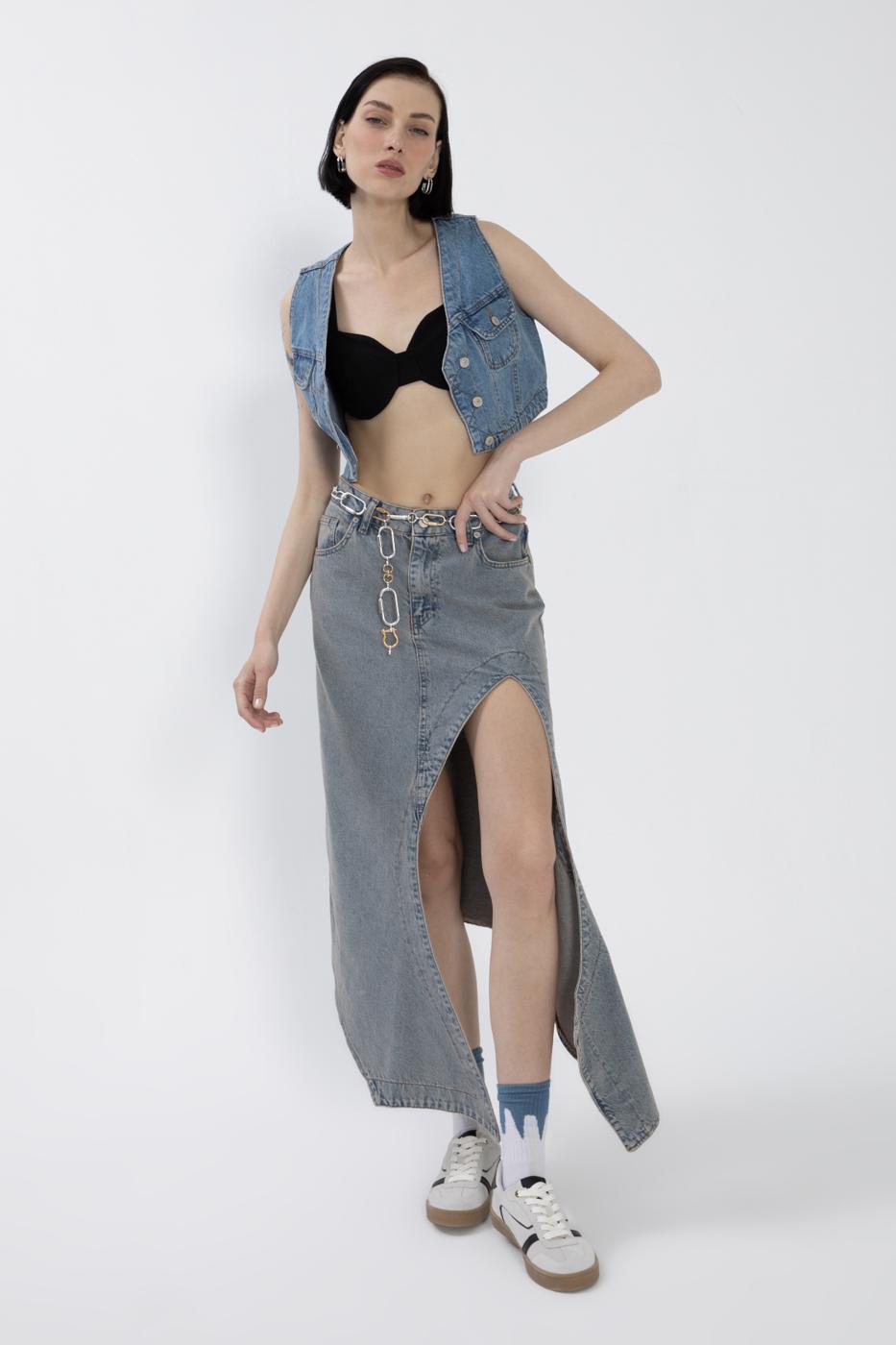 Denim Midi Skirt with Deep Asymmetrical Slit