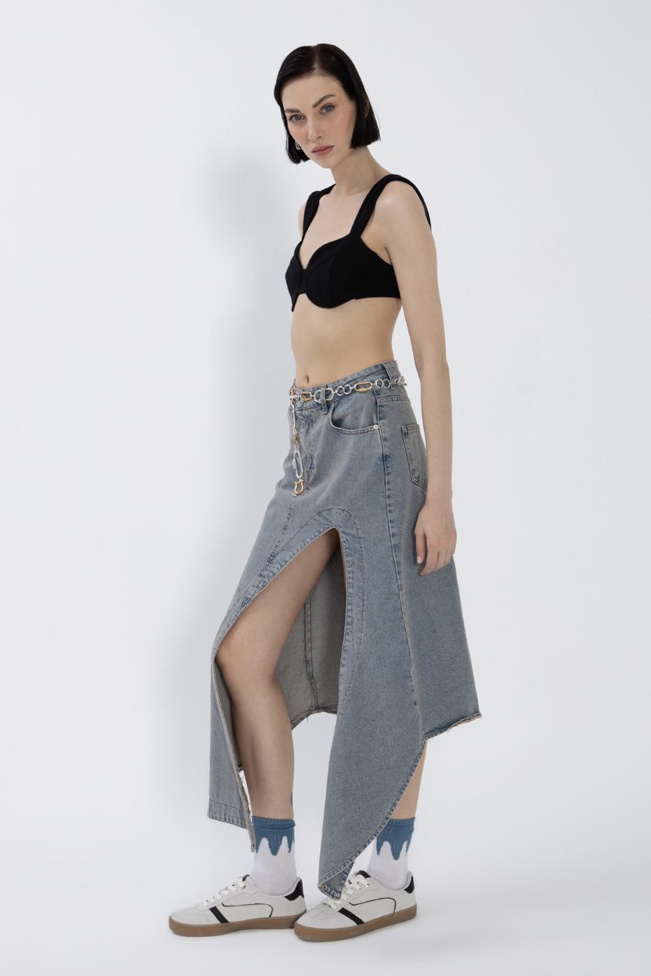 Denim Midi Skirt with Deep Asymmetrical Slit
