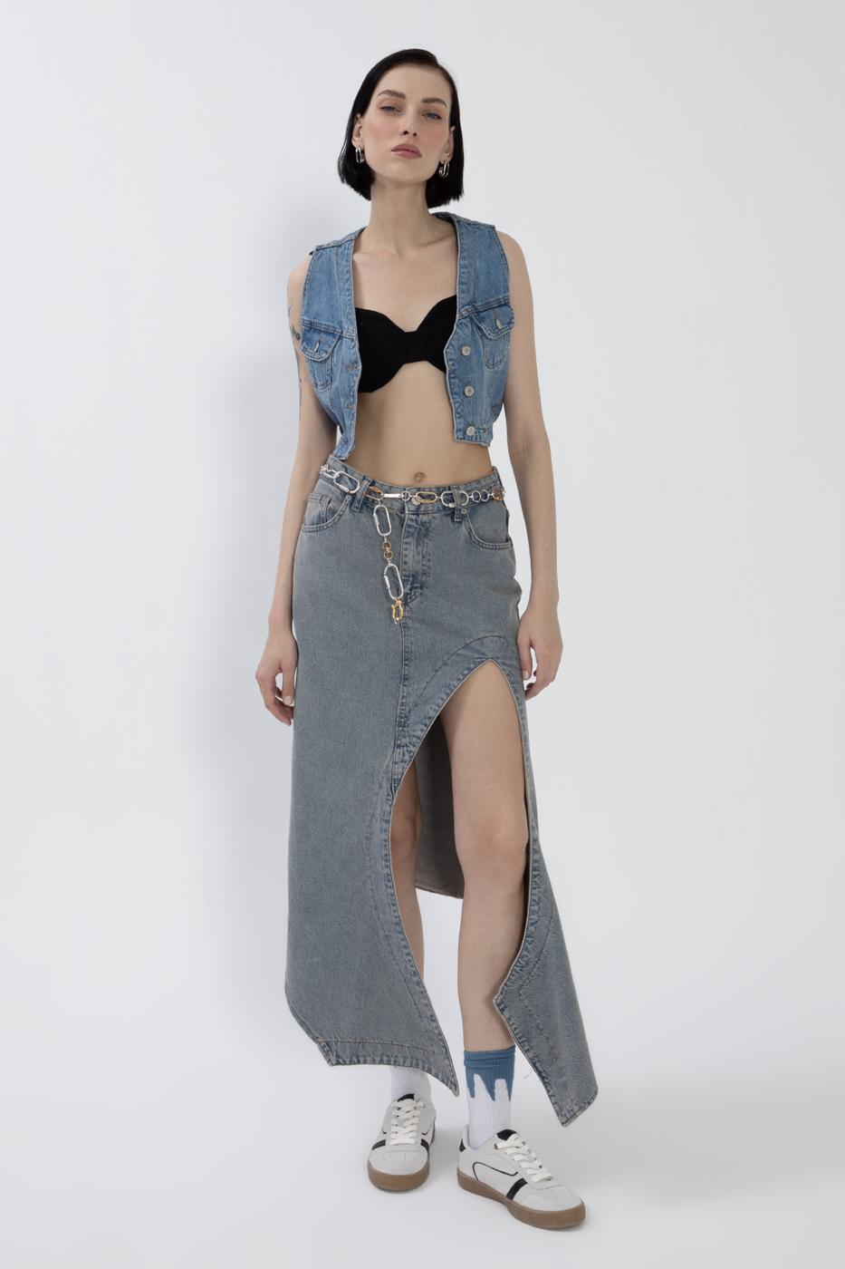 Denim Midi Skirt with Deep Asymmetrical Slit