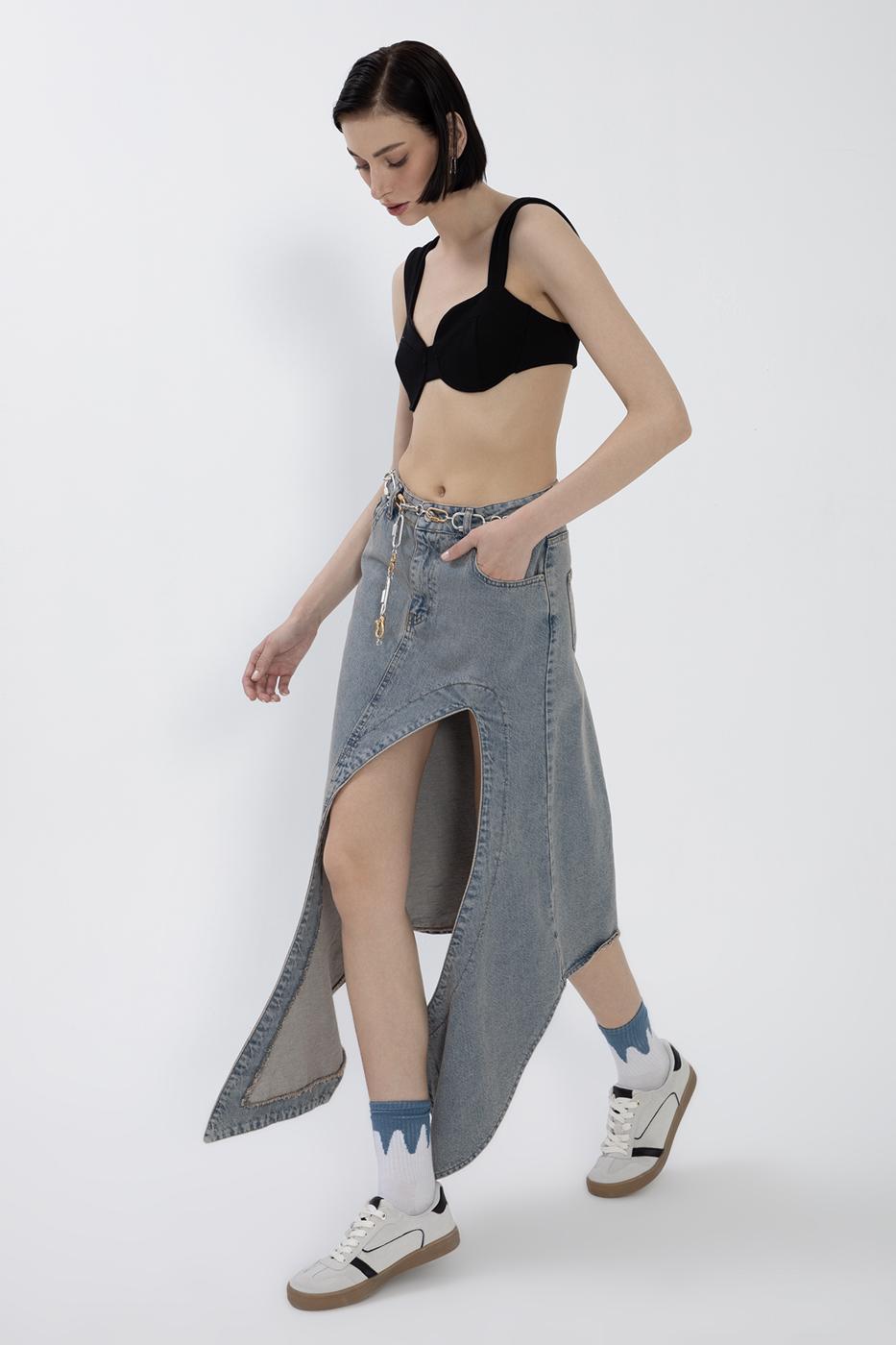 Denim Midi Skirt with Deep Asymmetrical Slit
