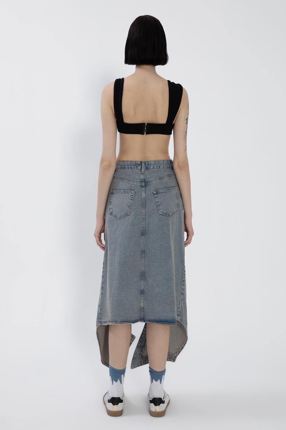 Denim Midi Skirt with Deep Asymmetrical Slit