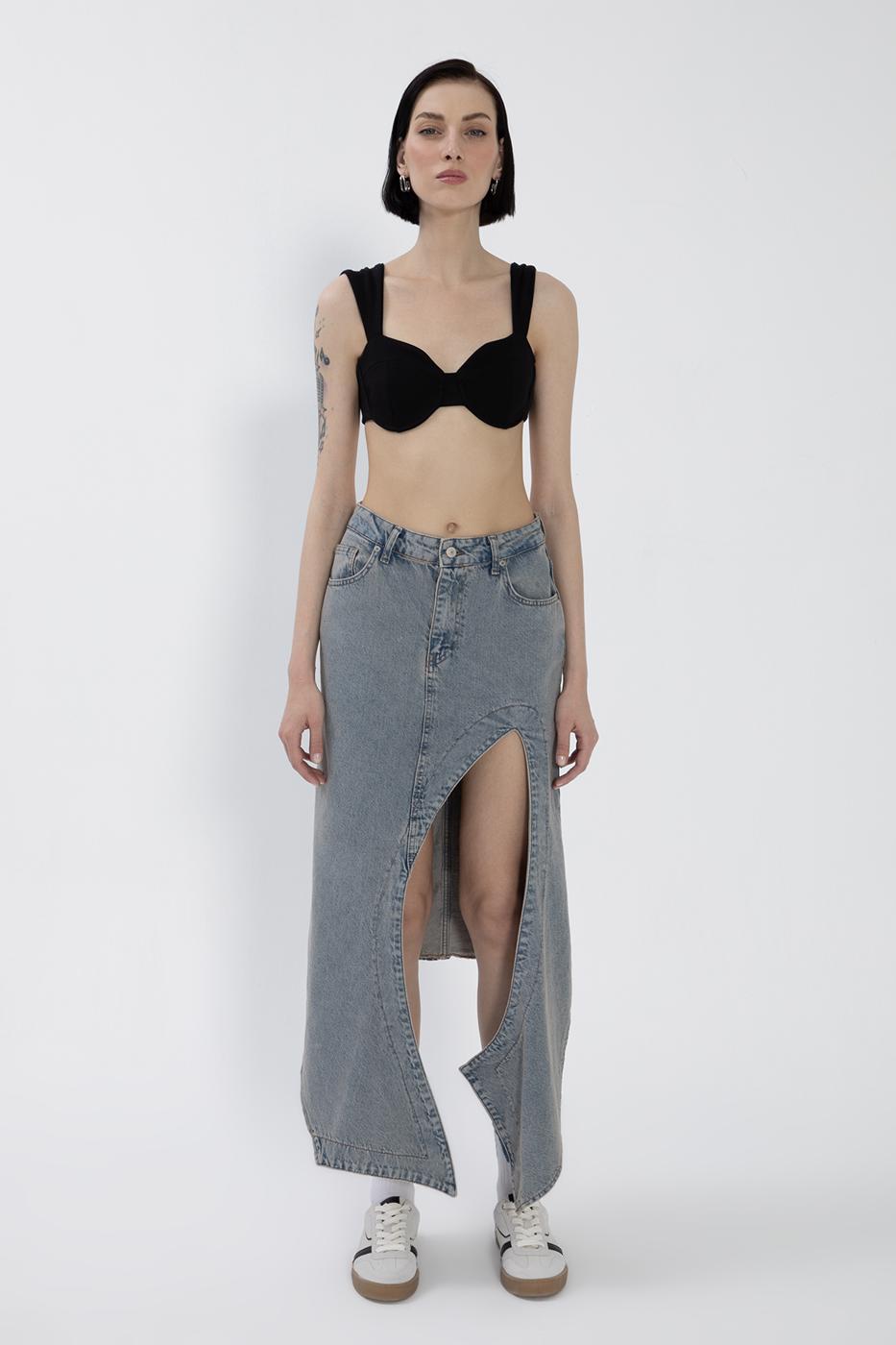 Denim Midi Skirt with Deep Asymmetrical Slit
