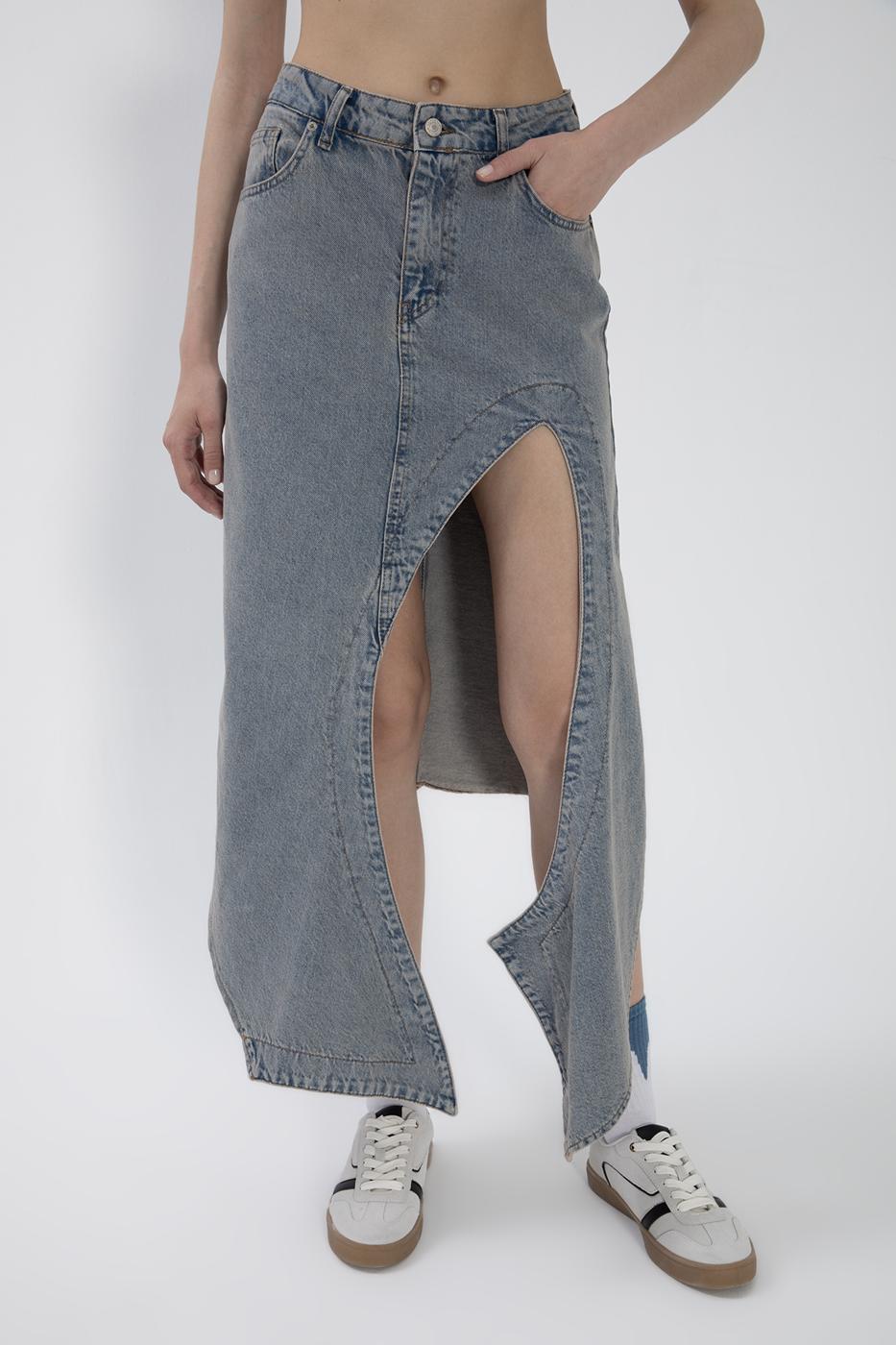 Denim Midi Skirt with Deep Asymmetrical Slit