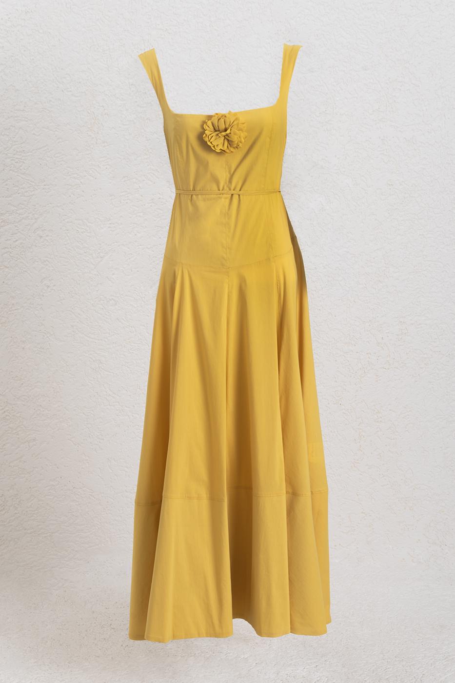Deep Square Neck Midi Dress with Ruffle Detail on the Skirt Yellow