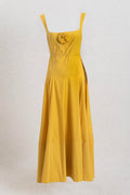 Deep Square Neck Midi Dress with Ruffle Detail on the Skirt Yellow