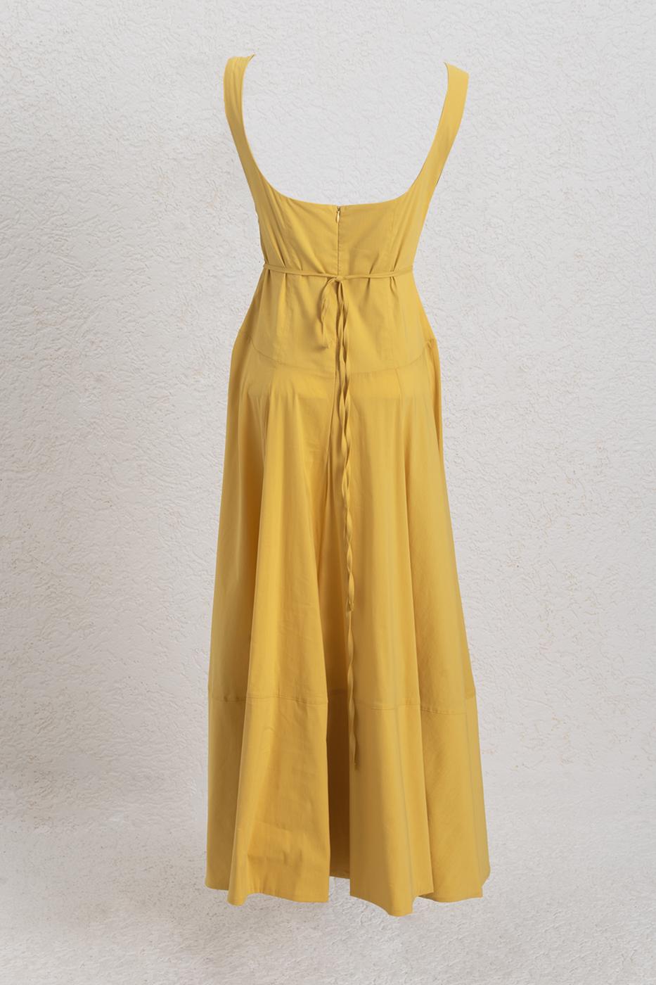 Deep Square Neck Midi Dress with Ruffle Detail on the Skirt Yellow