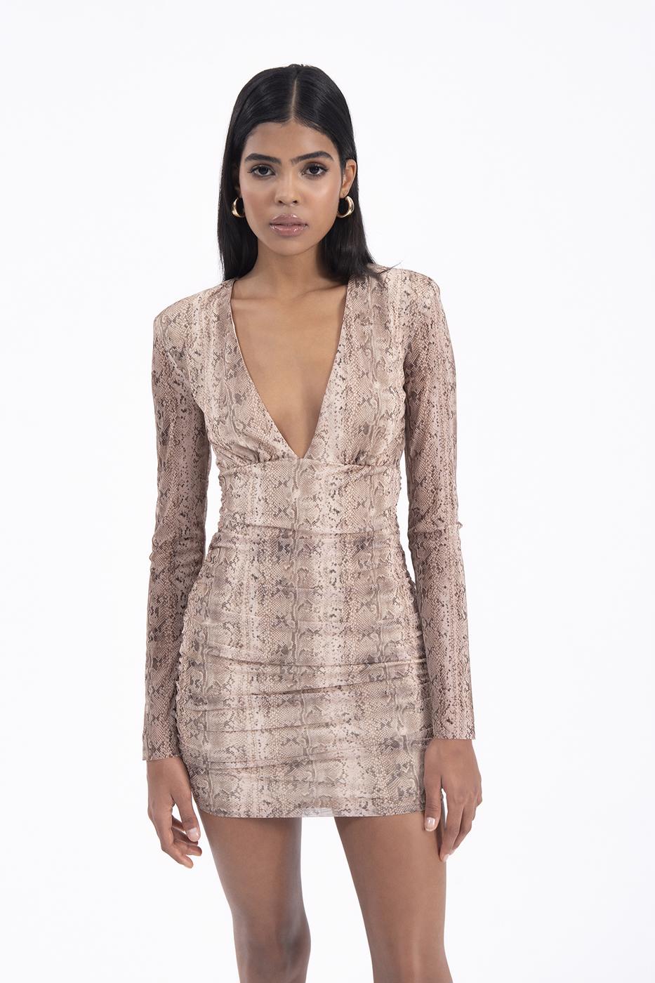 Deep V-neck mini dress Beige