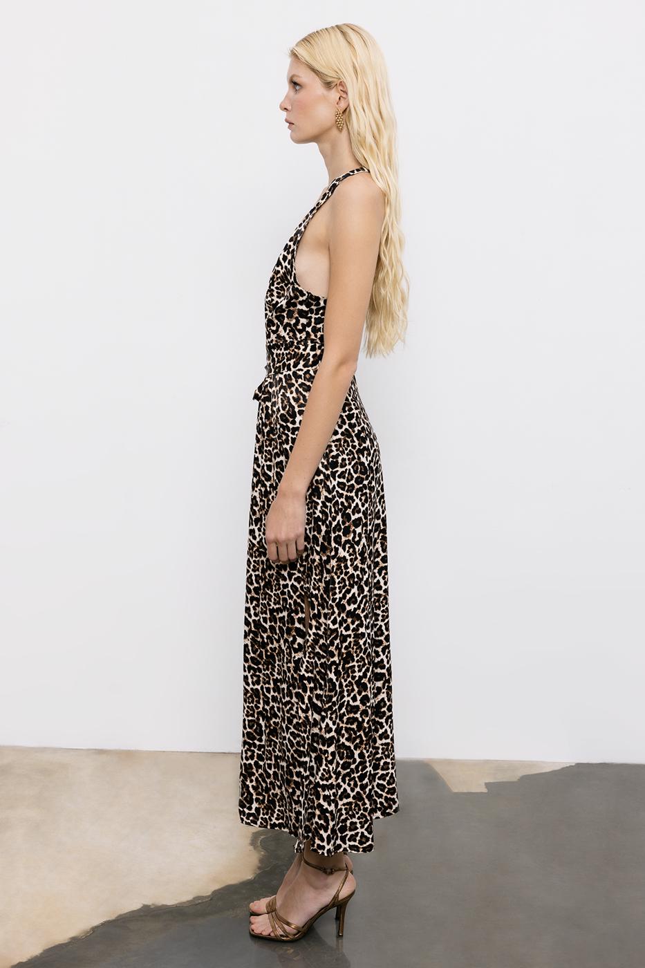 Deep V-Neck Detailed Midi Satin Dress Brown