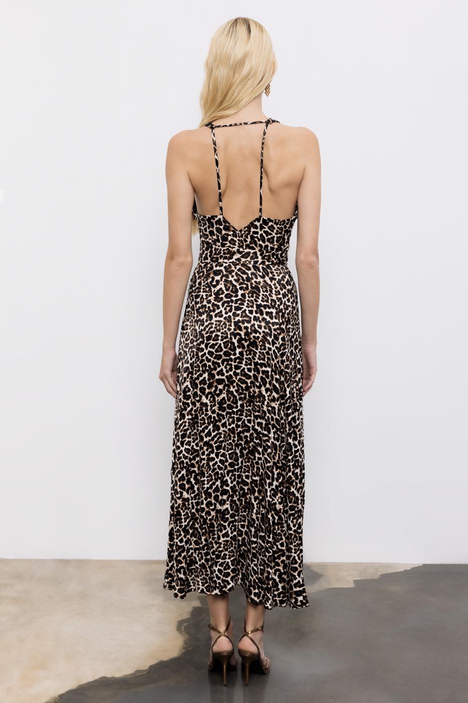 Deep V-Neck Detailed Midi Satin Dress Brown