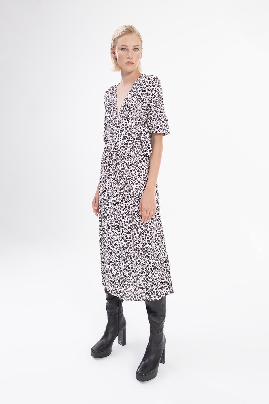 Deep V-Neck Short Sleeve Midi Dress