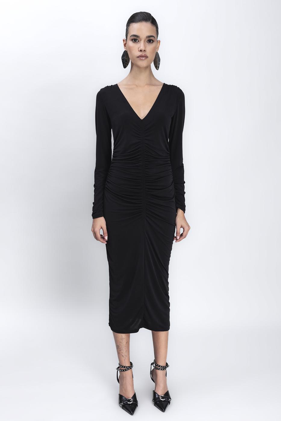 Low V-Neck Draped Midi Pencil Dress Black