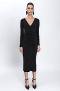 Low V-Neck Draped Midi Pencil Dress Black