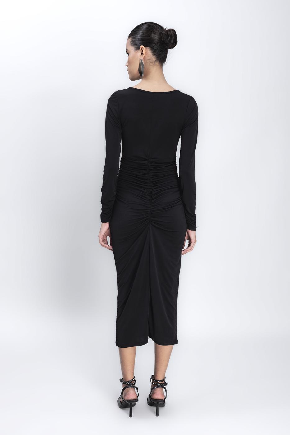 Low V-Neck Draped Midi Pencil Dress Black