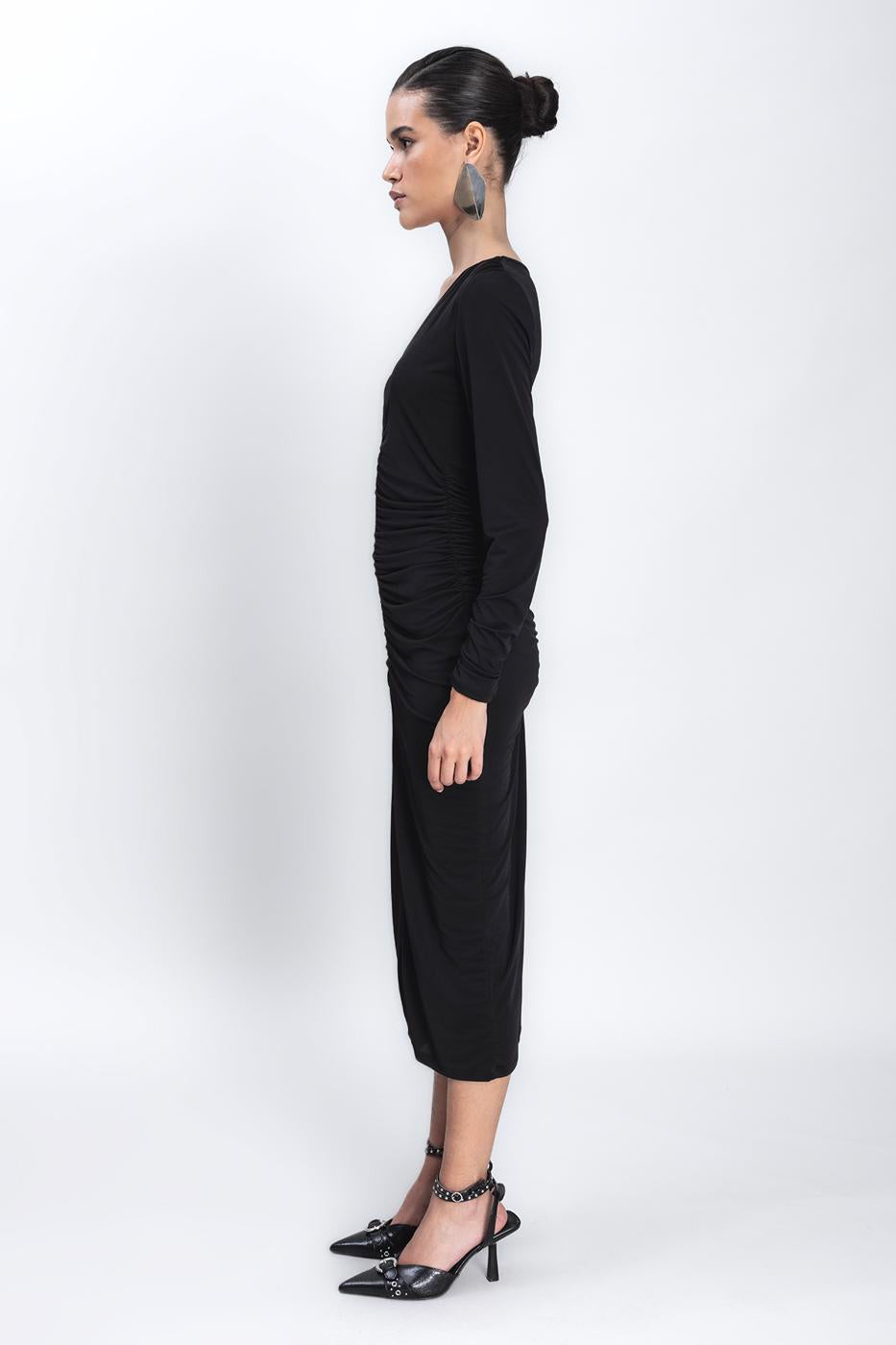 Low V-Neck Draped Midi Pencil Dress Black