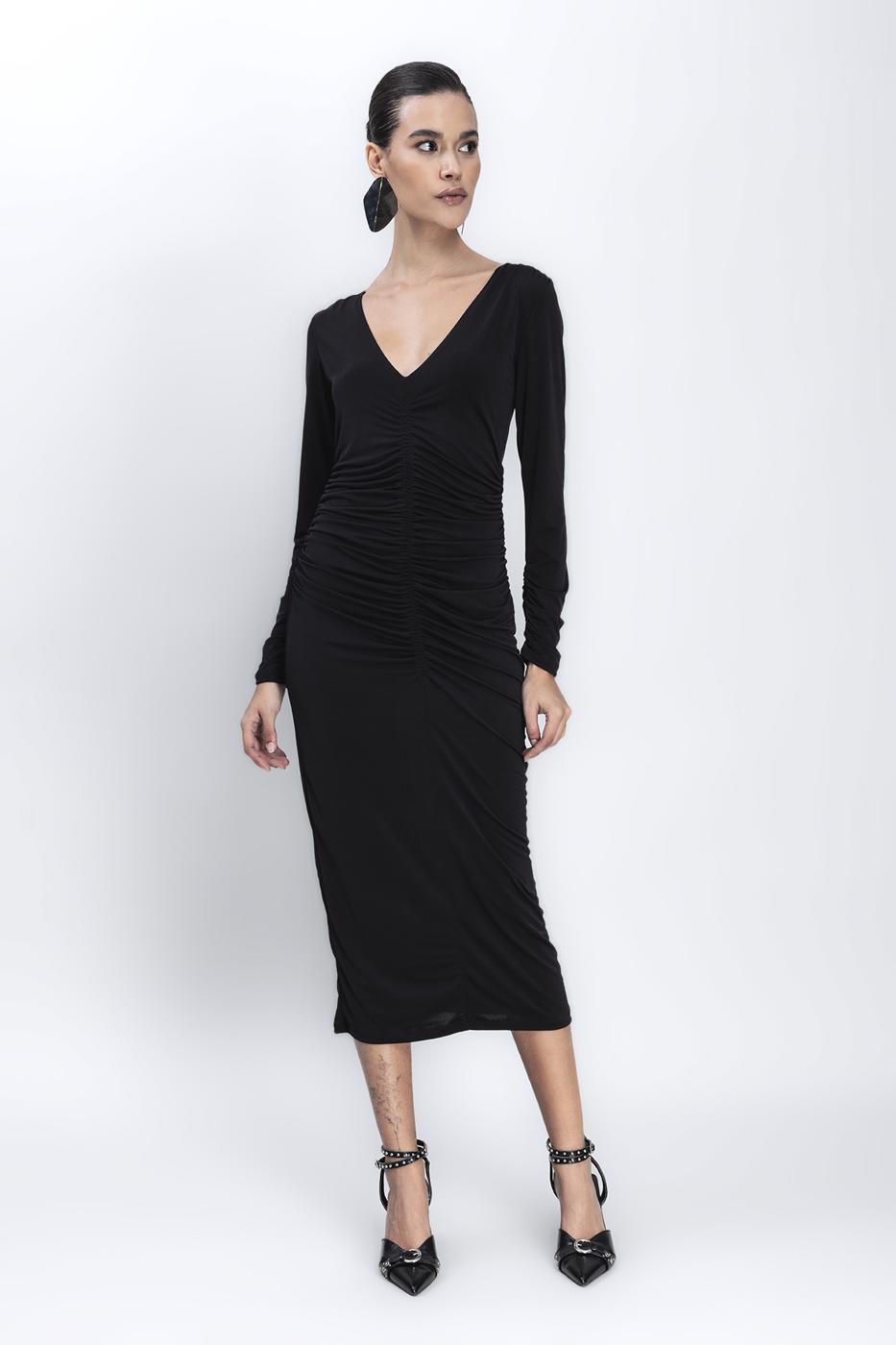 Low V-Neck Draped Midi Pencil Dress Black
