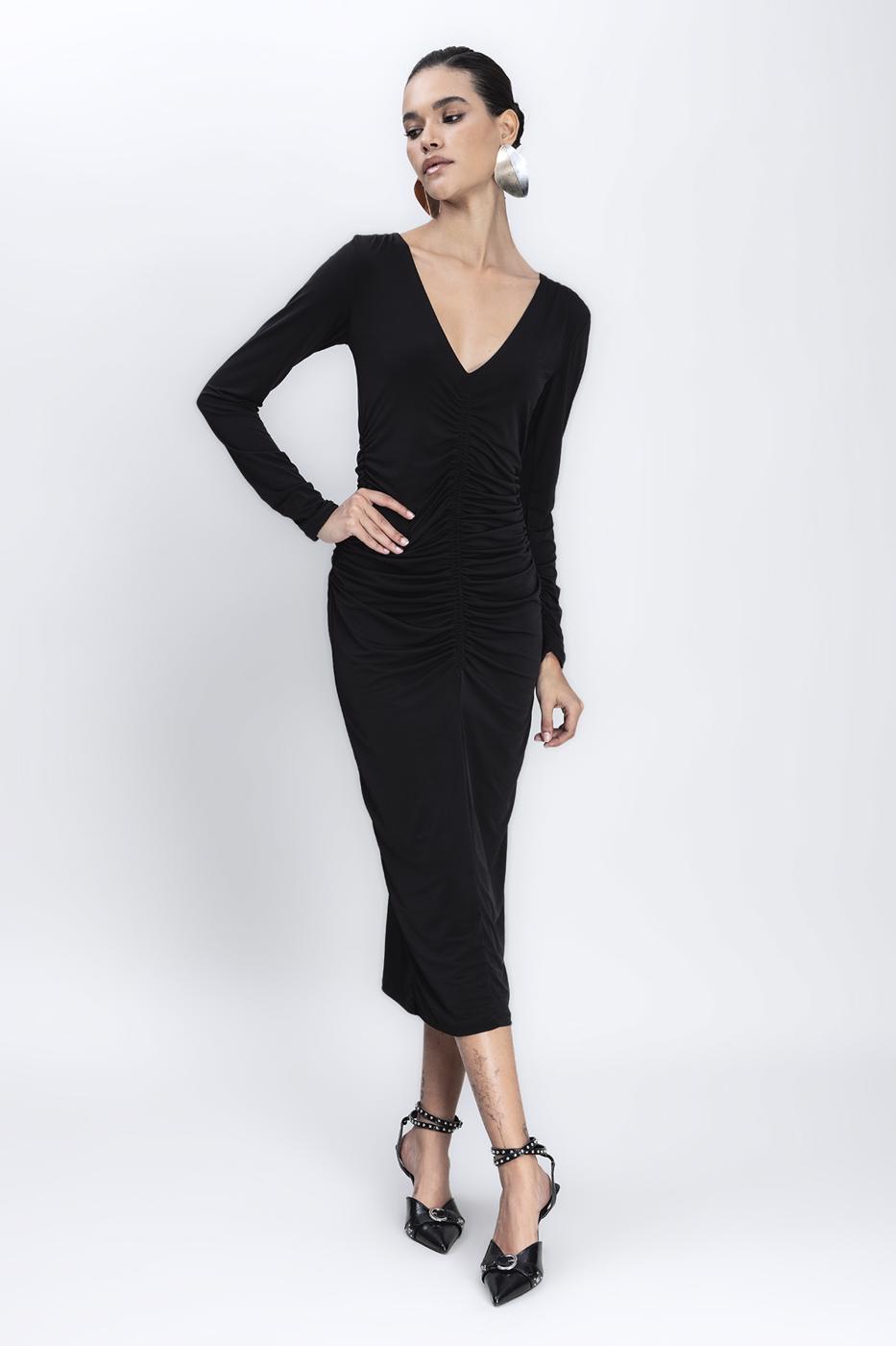 Low V-Neck Draped Midi Pencil Dress Black