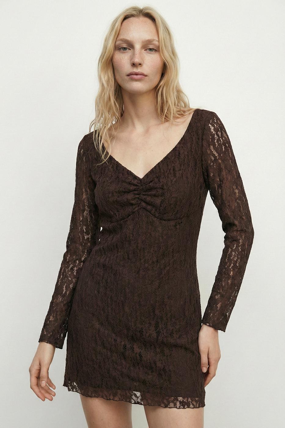 Deep V-Neck Lace Mini Dress Brown