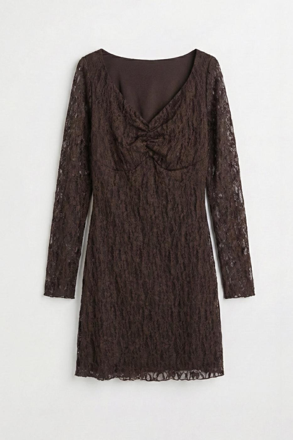 Deep V-Neck Lace Mini Dress Brown