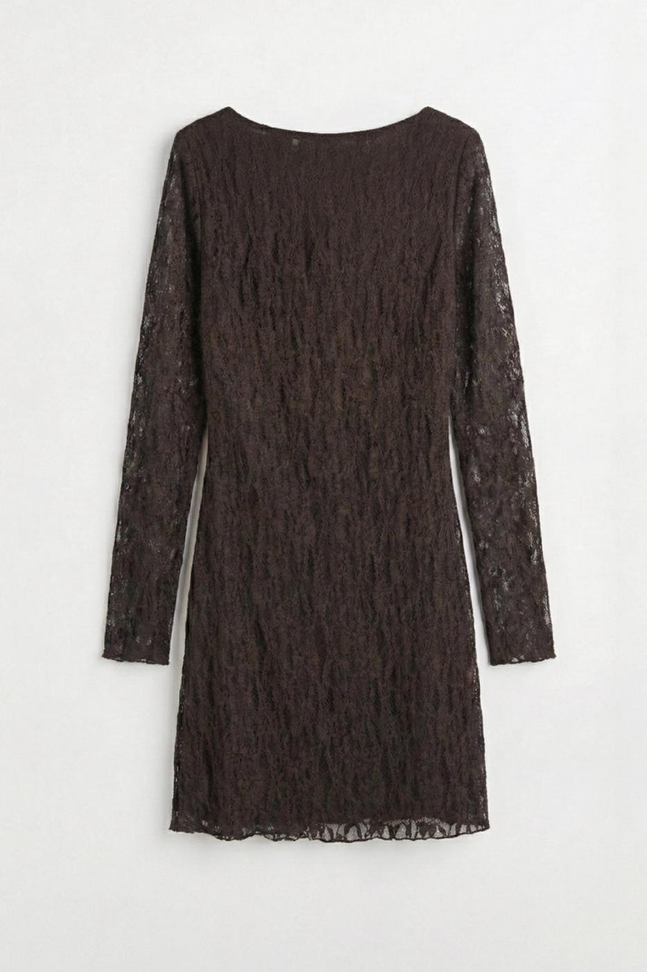 Deep V-Neck Lace Mini Dress Brown