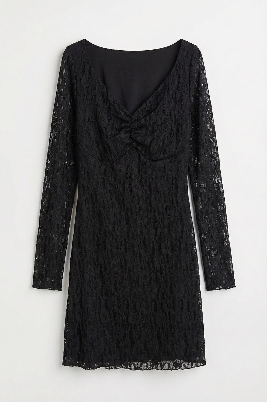 Deep V-Neck Lace Mini Dress Black