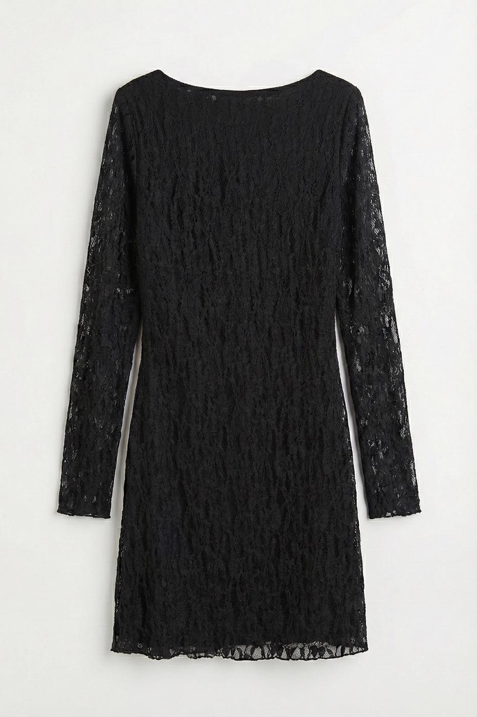 Deep V-Neck Lace Mini Dress Black