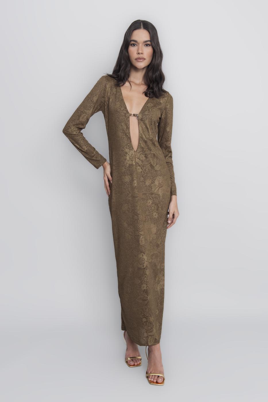 Deep Neck Decolette Maxi Dress Khaki