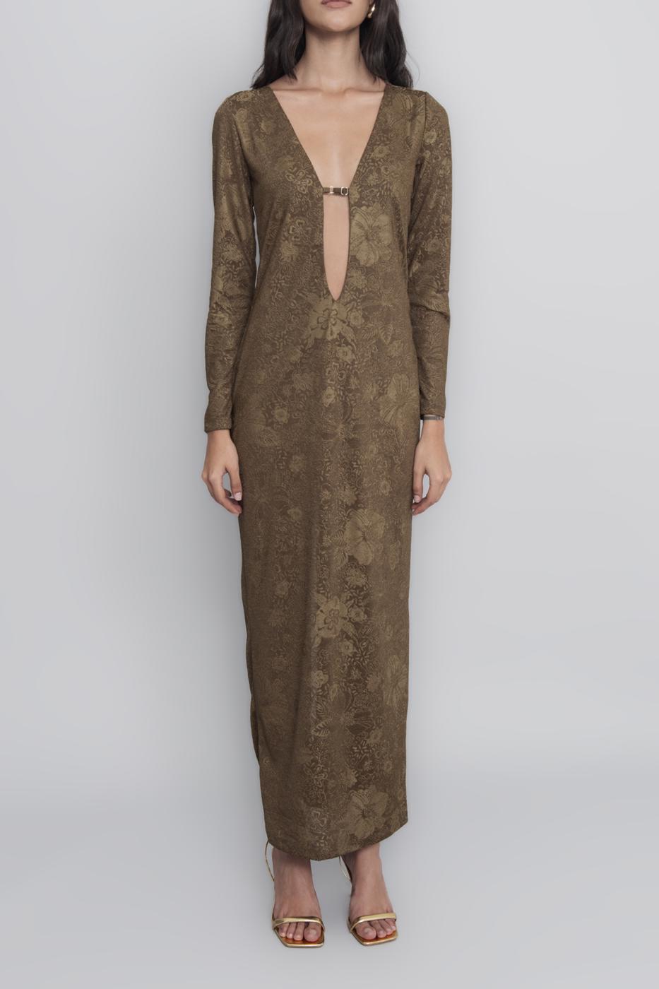 Deep Neck Decolette Maxi Dress Khaki