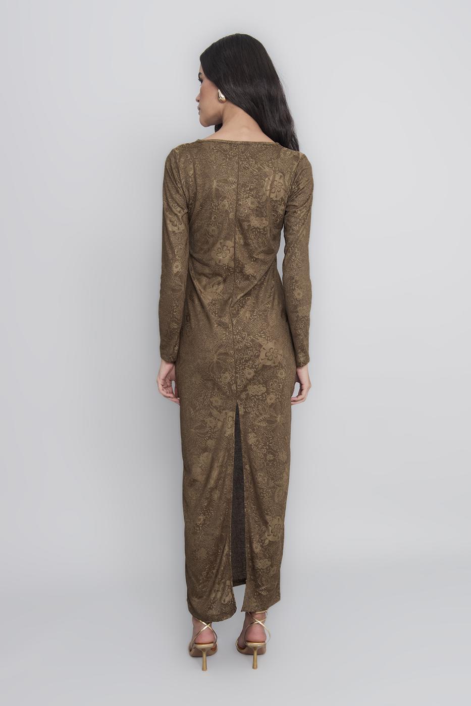 Deep Neck Decolette Maxi Dress Khaki