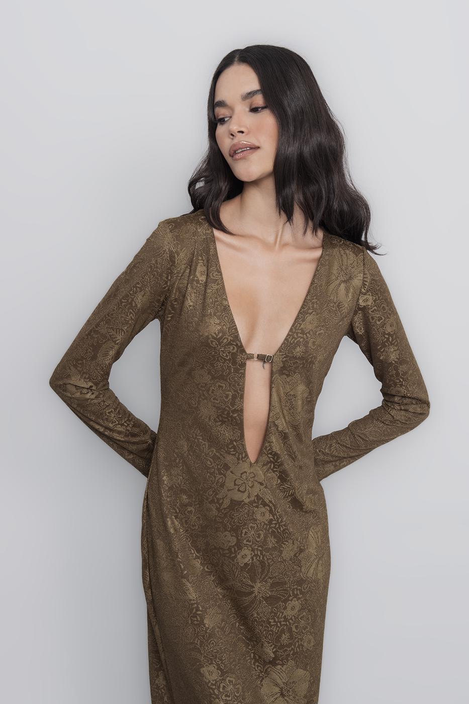 Deep Neck Decolette Maxi Dress Khaki