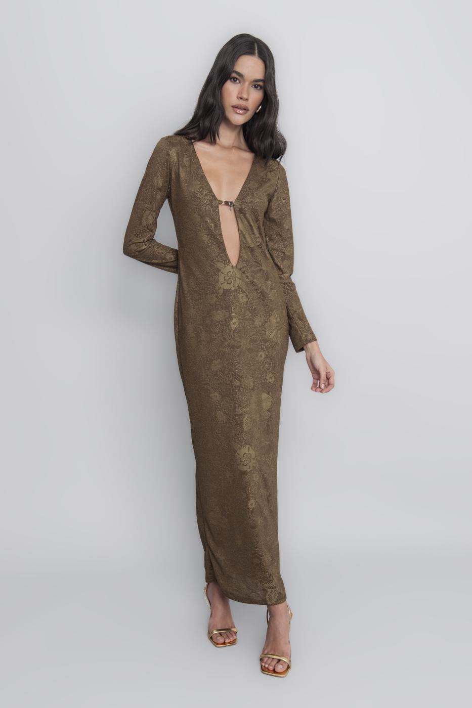 Deep Neck Decolette Maxi Dress Khaki