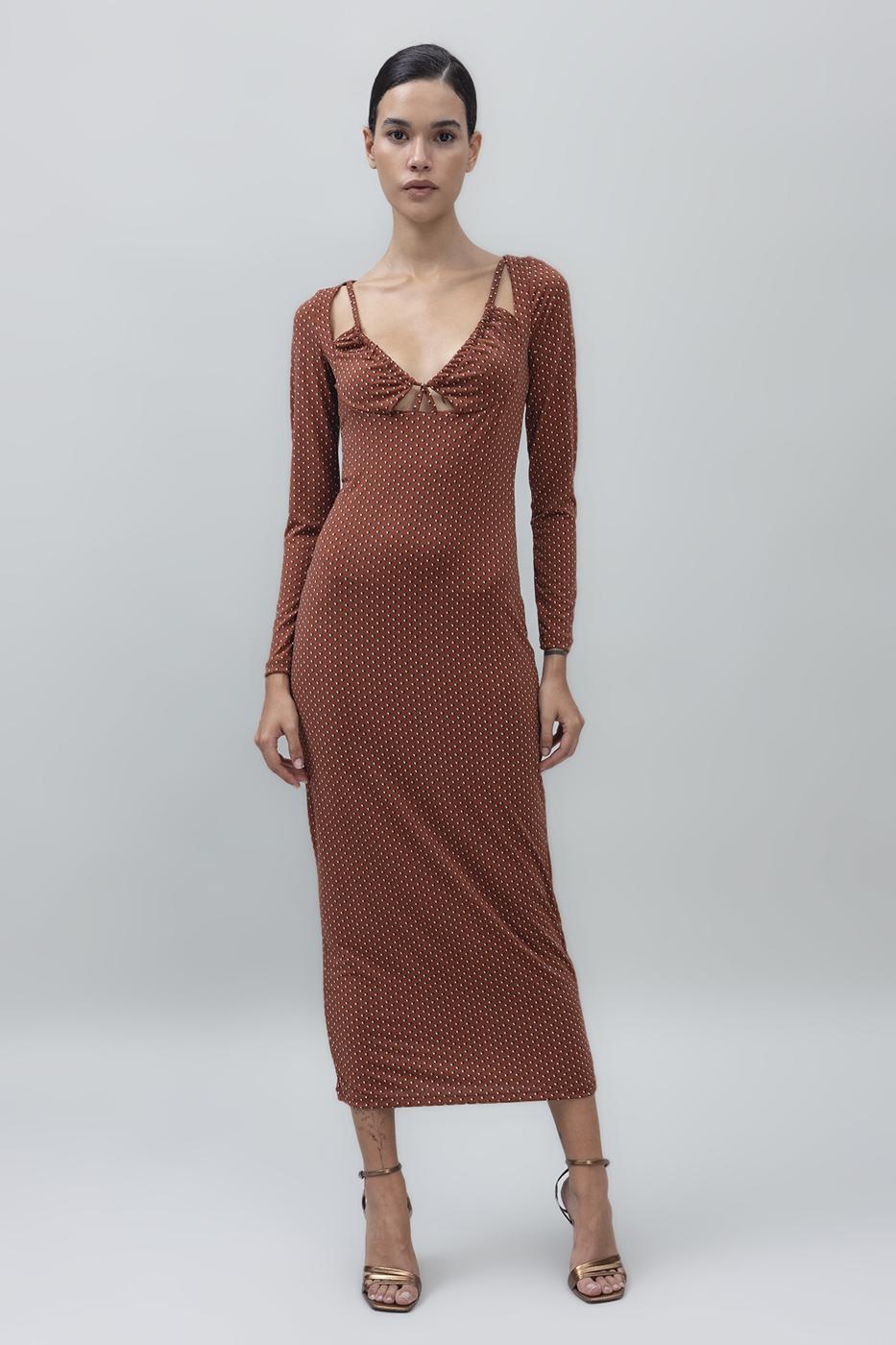 Deep Neck Decolette Midi Pencil Dress Brown