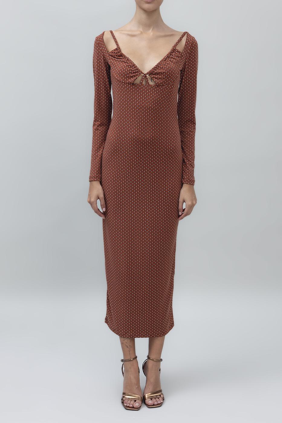 Deep Neck Decolette Midi Pencil Dress Brown