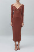 Deep Neck Decolette Midi Pencil Dress Brown