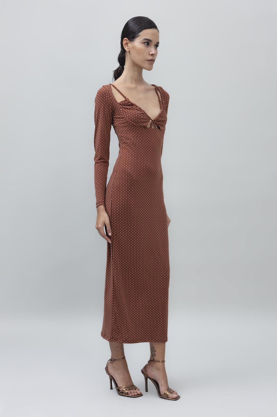 Deep Neck Decolette Midi Pencil Dress Brown