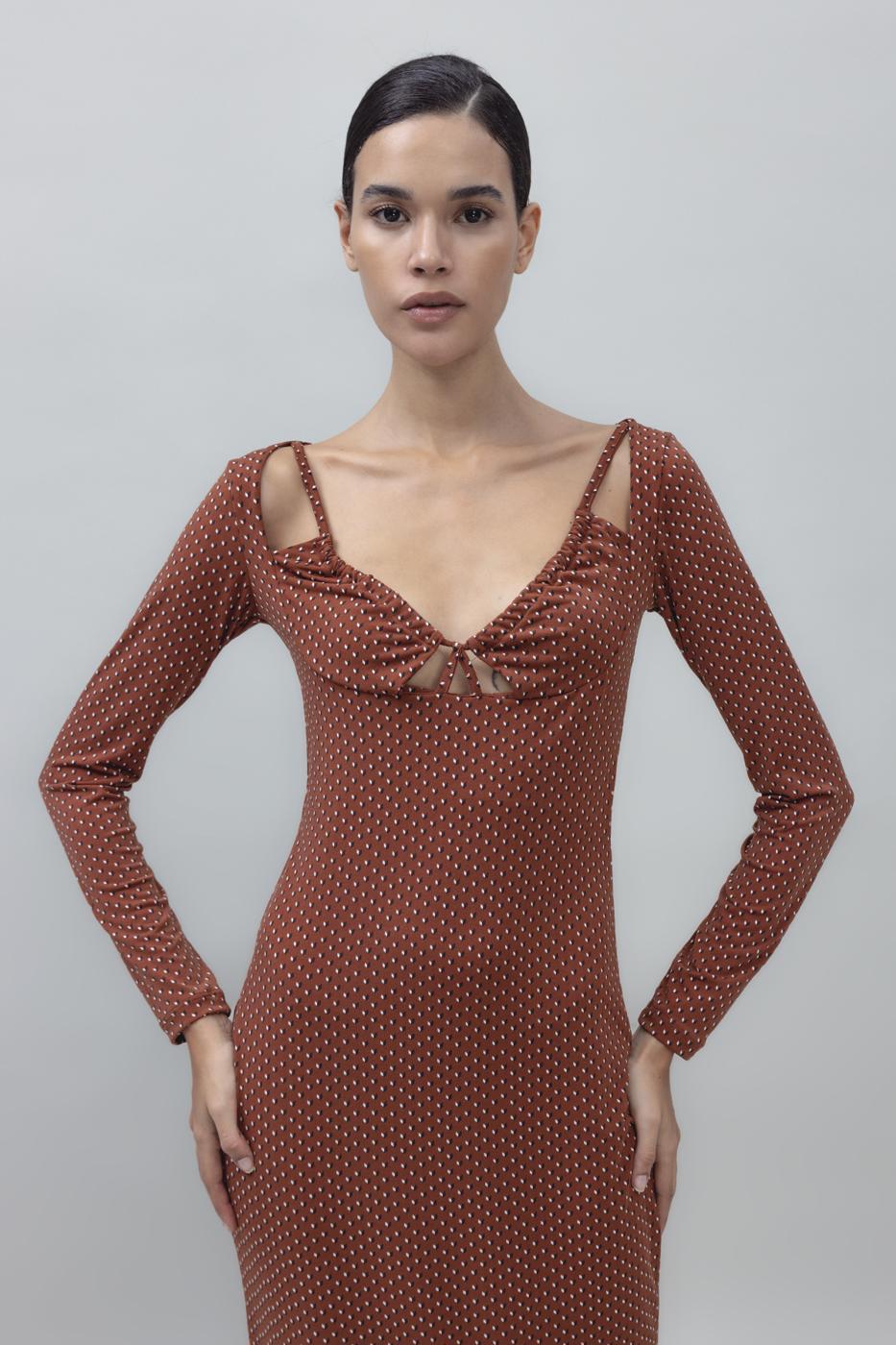 Deep Neck Decolette Midi Pencil Dress Brown