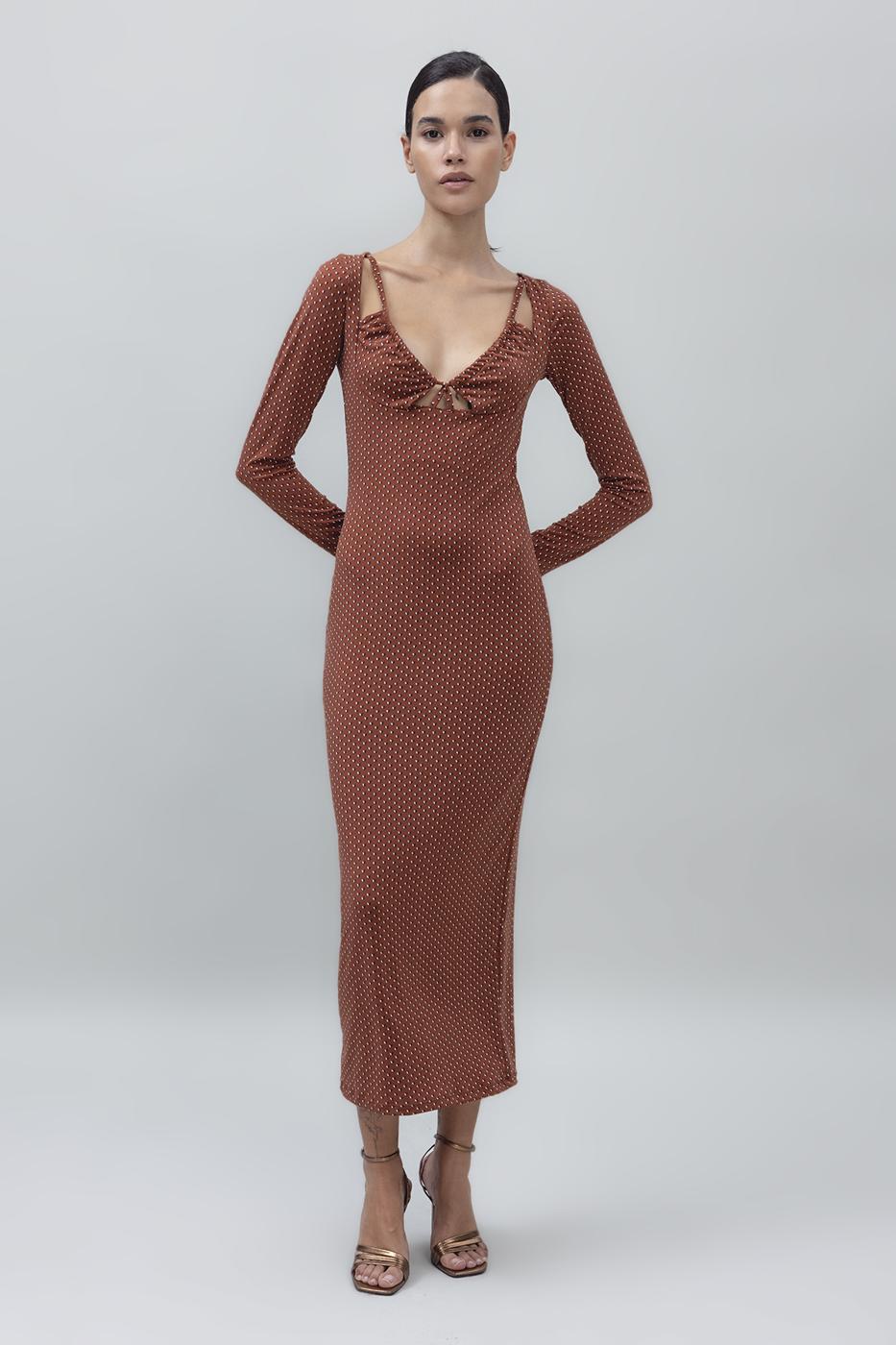 Deep Neck Decolette Midi Pencil Dress Brown