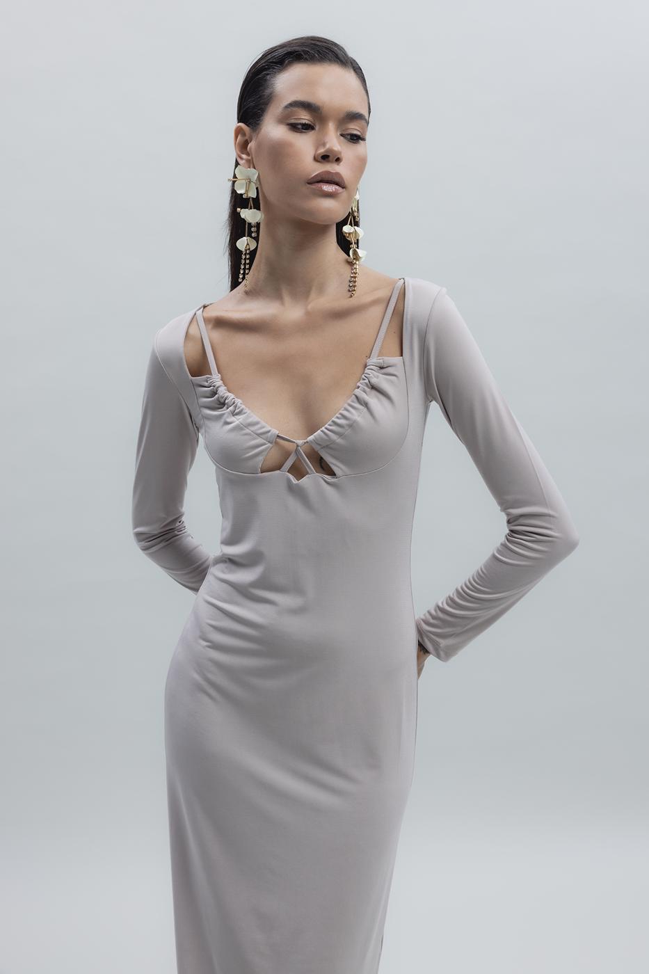 Deep Neck Decolette Midi Pencil Dress Beige
