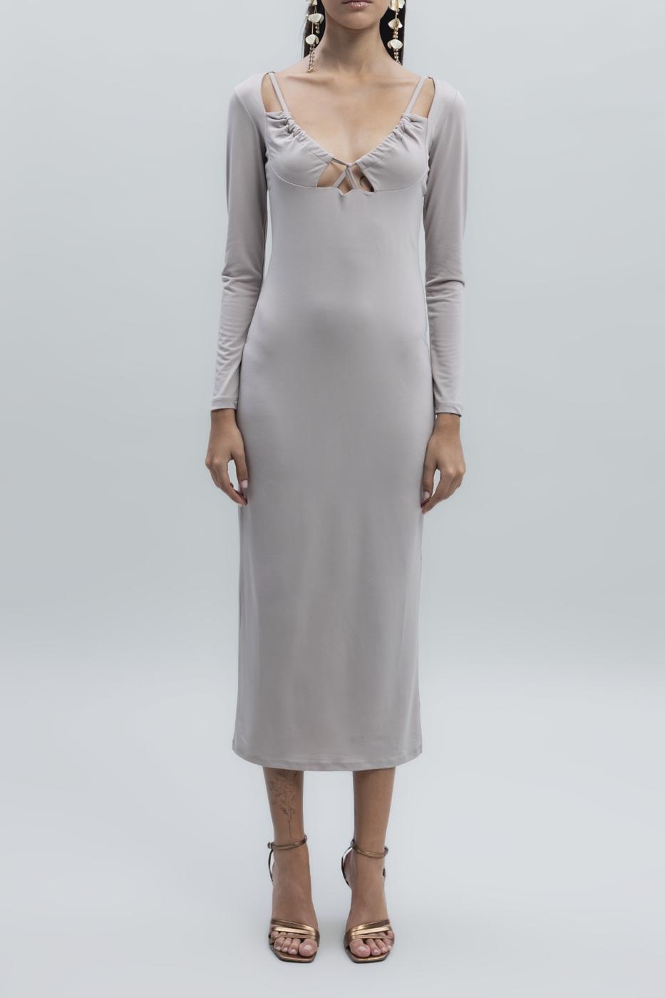 Deep Neck Decolette Midi Pencil Dress Beige