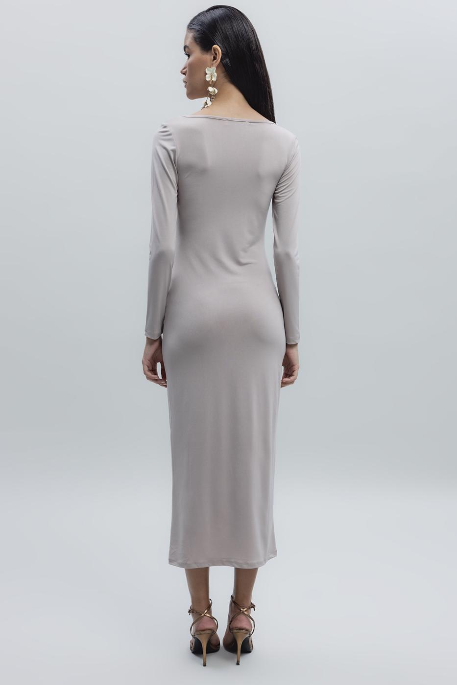 Deep Neck Decolette Midi Pencil Dress Beige