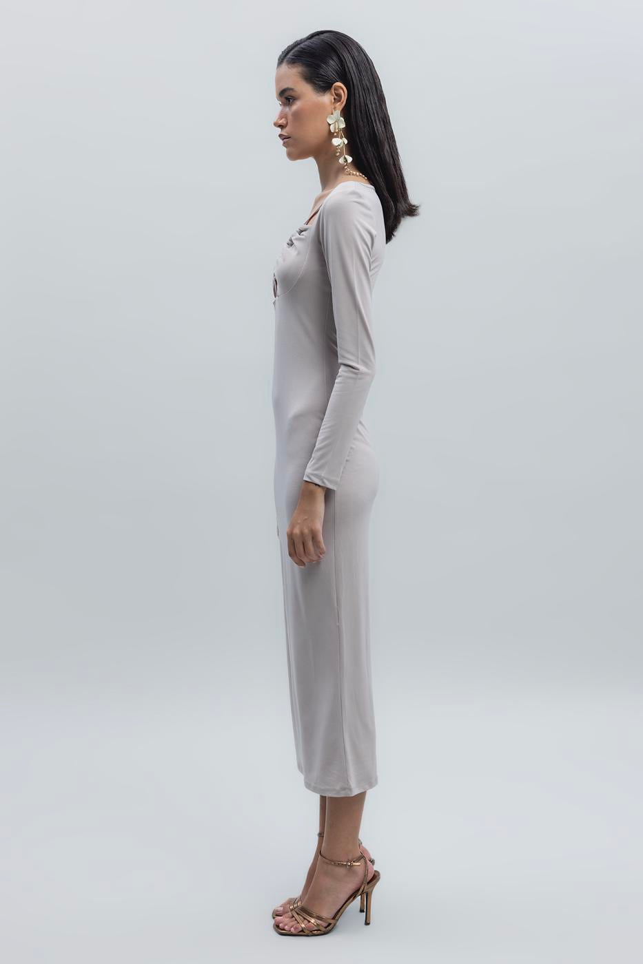 Deep Neck Decolette Midi Pencil Dress Beige