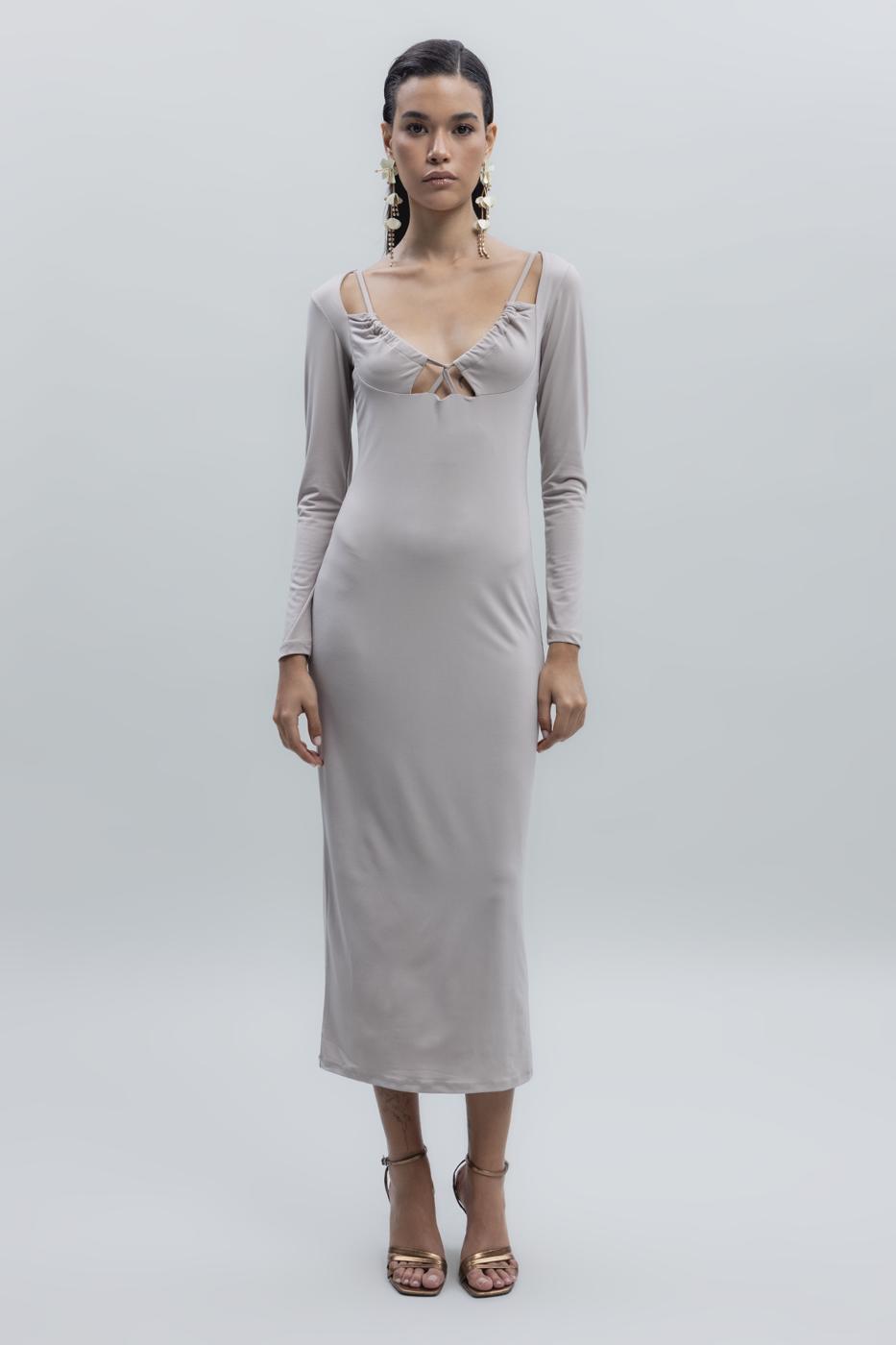 Deep Neck Decolette Midi Pencil Dress Beige
