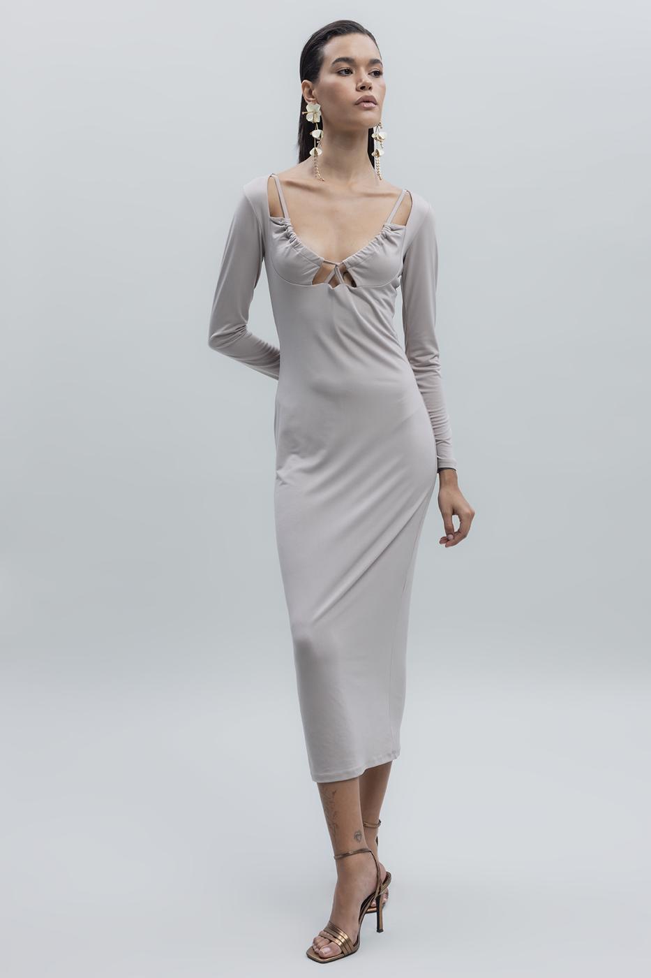 Deep Neck Decolette Midi Pencil Dress Beige