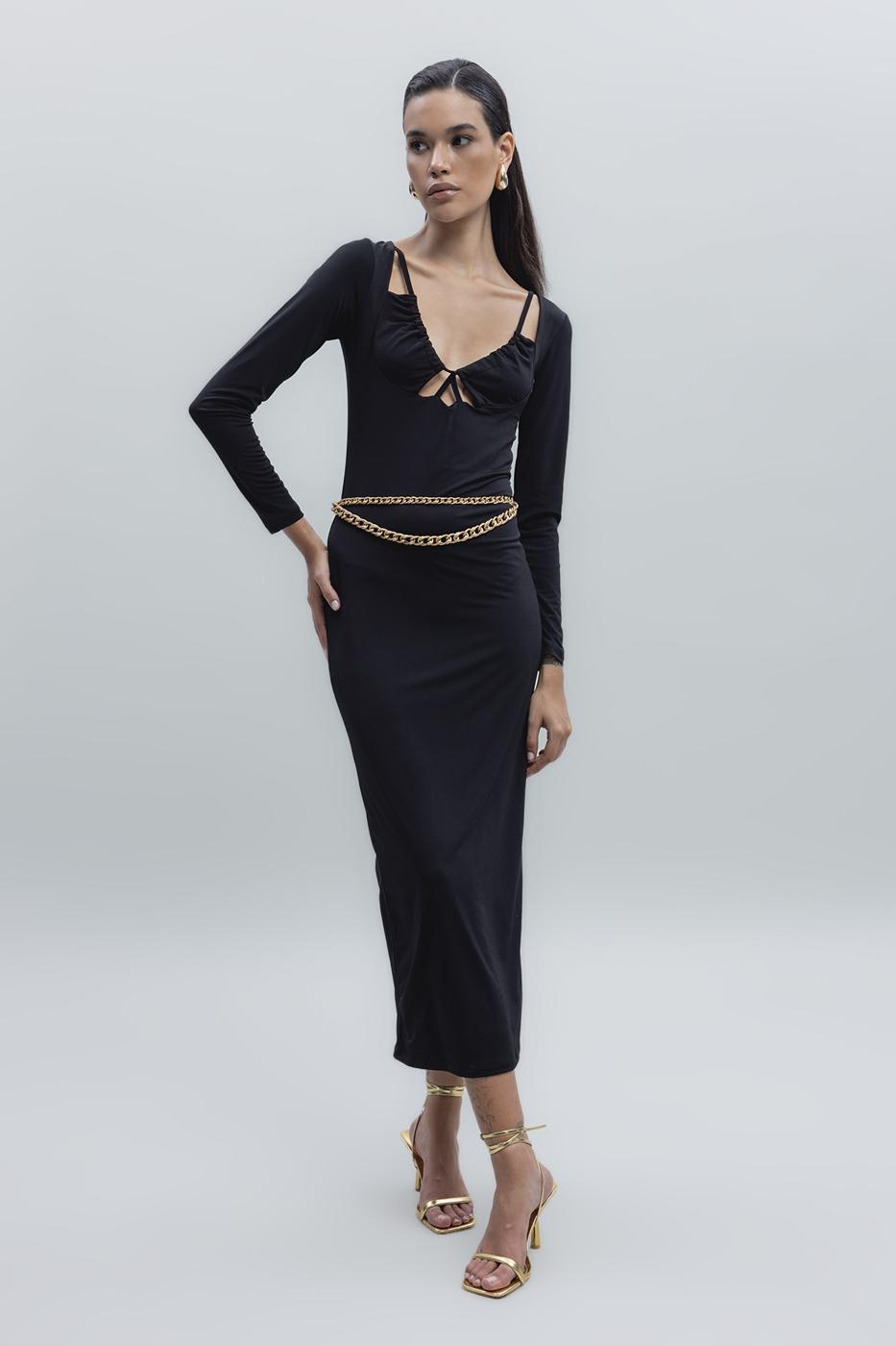 Deep Neck Decolette Midi Pencil Dress Black