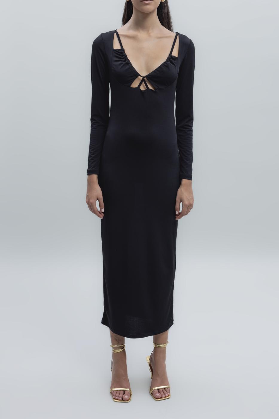 Deep Neck Decolette Midi Pencil Dress Black