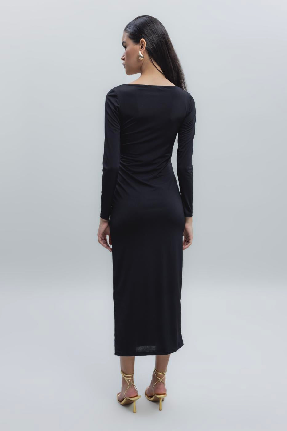 Deep Neck Decolette Midi Pencil Dress Black