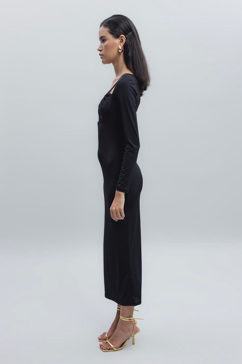 Deep Neck Decolette Midi Pencil Dress Black