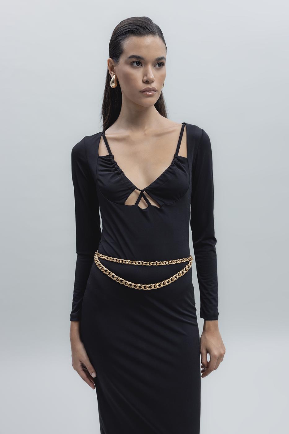 Deep Neck Decolette Midi Pencil Dress Black