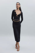 Deep Neck Decolette Midi Pencil Dress Black
